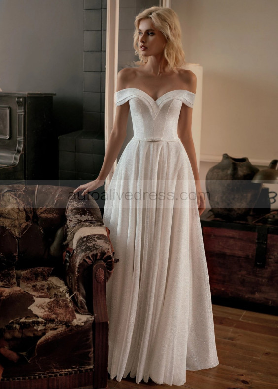 Off Shoulder Ivory Glitter Tulle Modern Wedding Dress